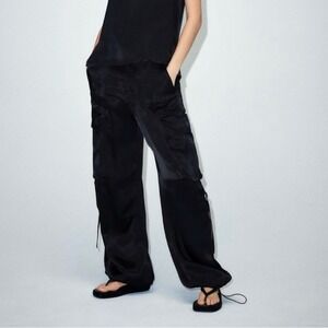 Zara‎ Womens XS Black Satin Cargo Pants High Rise Wide Leg Goth Streetwear